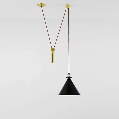 Black conical pendant light with gold-toned hardware and braided cord suspension for modern dining rooms