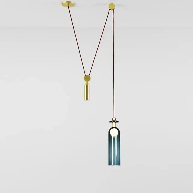 Modern geometric brass pendant light with a gradient blue glass shade suitable as an adjustable shape led chandelier