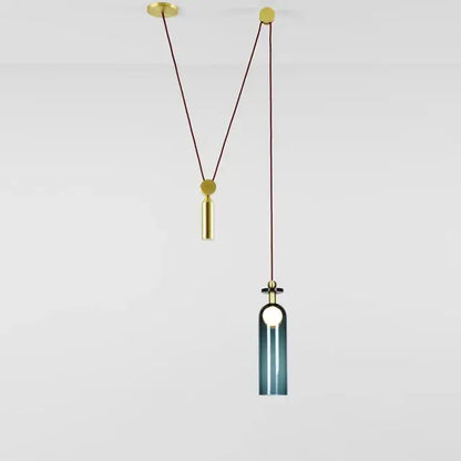 Modern geometric brass pendant light with a gradient blue glass shade suitable as an adjustable shape led chandelier