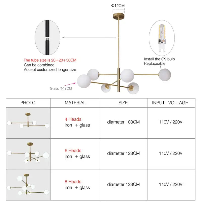 Modern geometric decorbites brass chandelier with four spherical frosted glass globes for living room decor