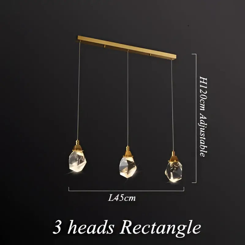 Modern geometric brass diamond crystal led chandelier with gold-toned rectangular frame and three pendant lights for dining room