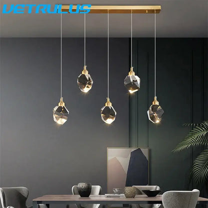 Modern geometric brass diamond crystal led chandelier featuring gold-toned pendant light with minimalist design