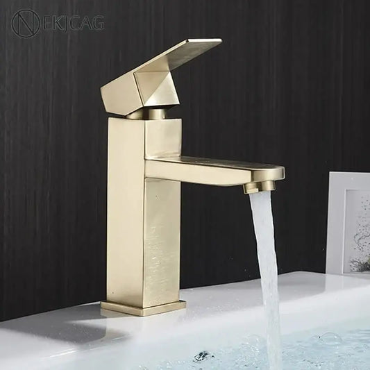 Modern geometric brushed gold basin faucet with angular design and brushed metal finish by decorbites brushed gold