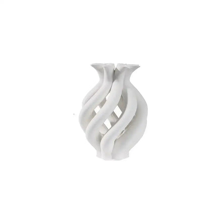 A sleek white decorbites geometric ceramic spiral vase with three necks and open lattice for modern living room decor