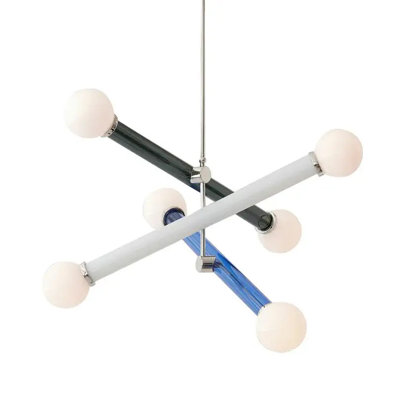 Modern geometric colorful chandelier art deco with intersecting matte black arms and frosted globe bulbs for dining decorbites colorful chandelier