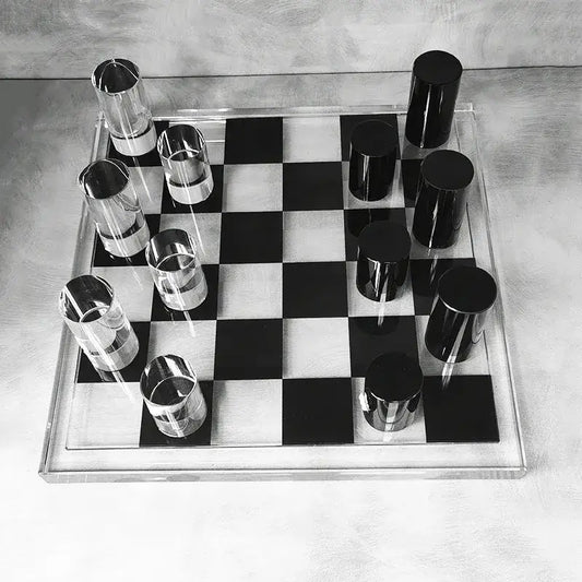 Modern geometric crystal chess set with clear acrylic board and cylindrical black and transparent pieces for living room decorbites geometric crystal decor