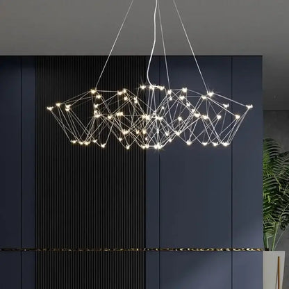 Modern geometric cube light pendant lamp featuring thin metallic wires with warm white led lights for dining room decorbites cube light