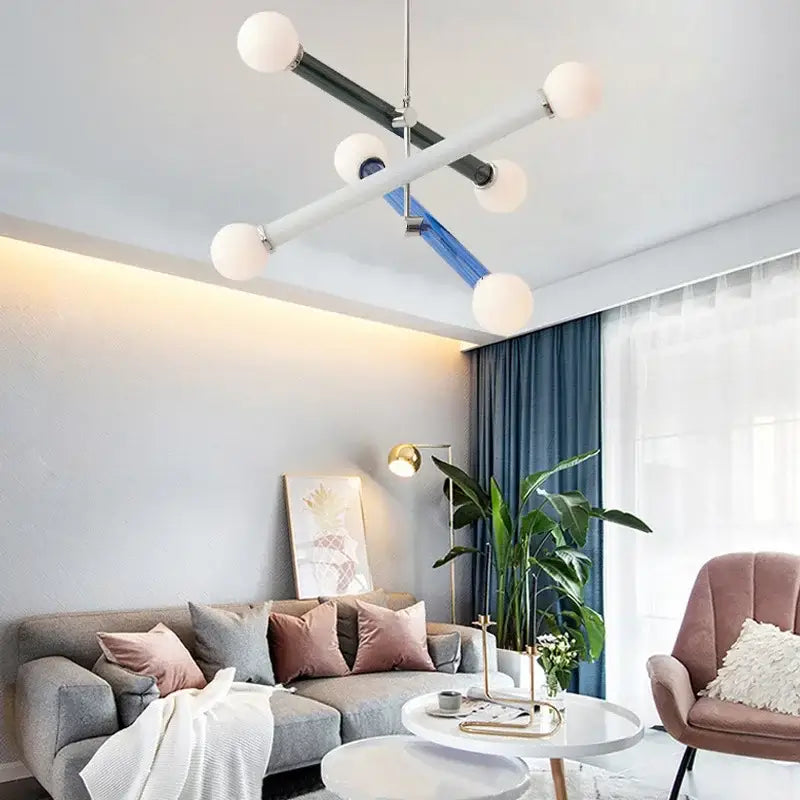 Modern geometric decorbites colorful chandelier with white spherical bulbs and black blue silver metallic arms for dining room light