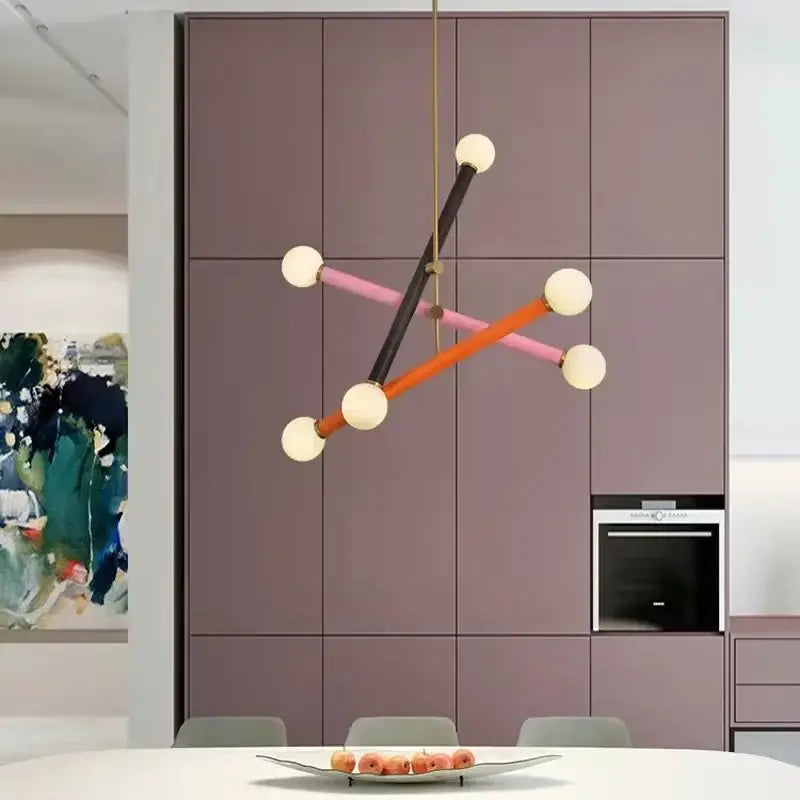 Modern geometric decorbites colorful chandelier with black pink and orange rods and white spherical bulbs for dining room lighting