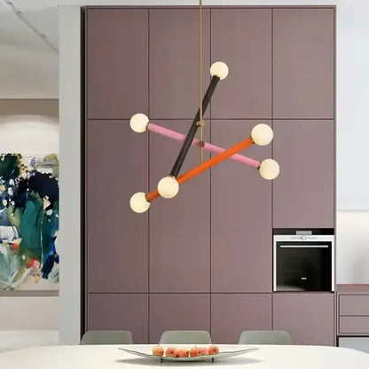 Modern geometric decorbites colorful chandelier with black pink and orange rods and white spherical bulbs for dining room lighting
