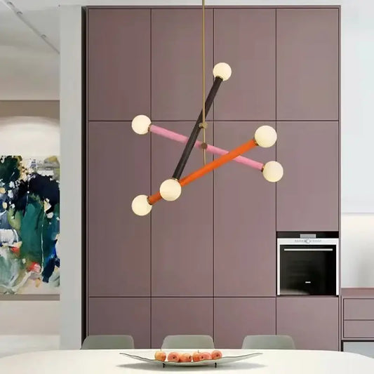 Modern geometric decorbites colorful chandelier with black pink and orange rods and white spherical bulbs for dining room lighting