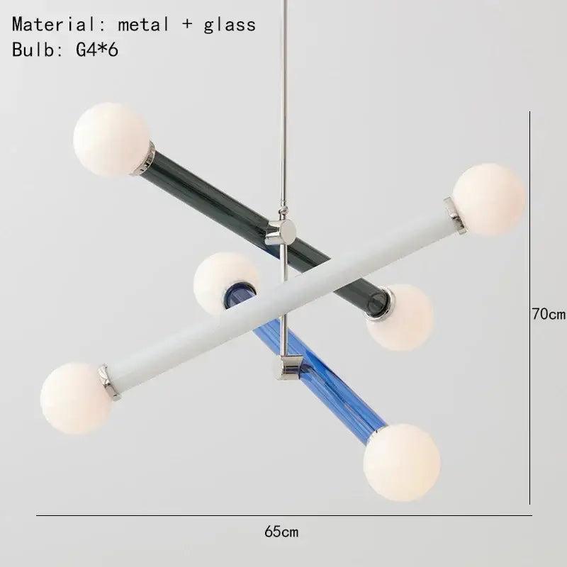 Modern geometric decorbites colorful chandelier with intersecting black white and blue glass rods and six frosted globe bulbs