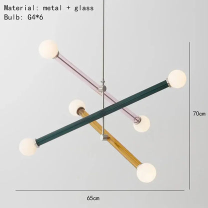 Modern geometric decorbites colorful chandelier with matte green, blush pink, and natural wood tones for dining room lighting