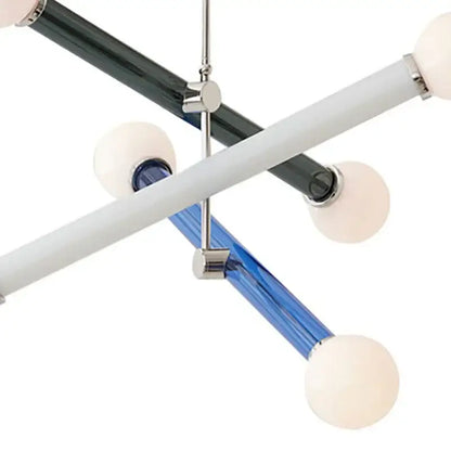 Modern geometric decorbites colorful chandelier with intersecting black white and blue glass rods and frosted globe bulbs