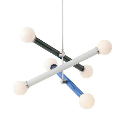 Modern geometric decorbites colorful chandelier with matte black arms and frosted globe bulbs for dining room light