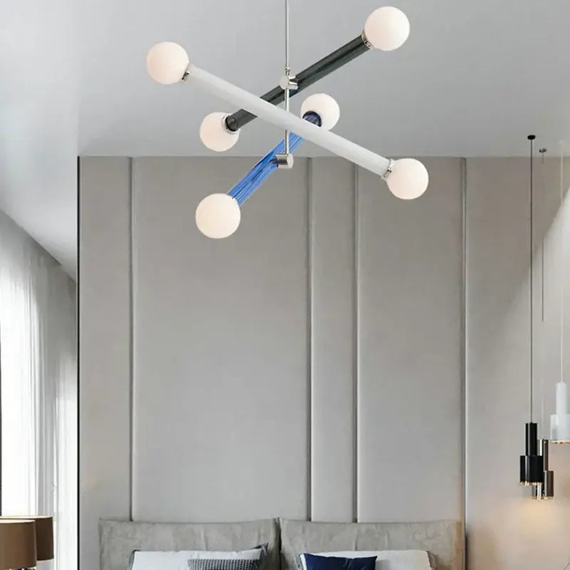 Modern geometric decorbites colorful chandelier with white bulbs and black blue silver rods for dining room light