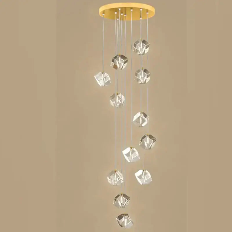 Modern geometric decorbites crystal led chandelier with warm gold ceiling mount and clear faceted pendant crystals