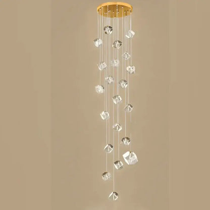 Modern geometric decorbites crystal led chandelier with gold-toned top and clear faceted glass pieces for staircase lighting