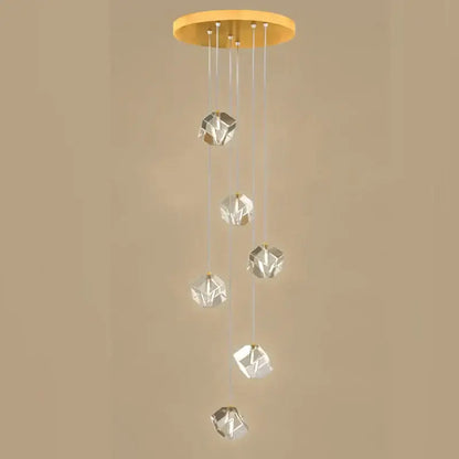 Modern geometric decorbites crystal led chandelier with gold ceiling mount and clear faceted glass orbs for staircase lighting