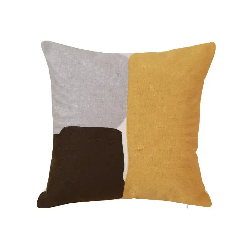 Square throw pillow cover with bold geometric embroidery in mustard yellow gray and dark brown for modern decorbites decor