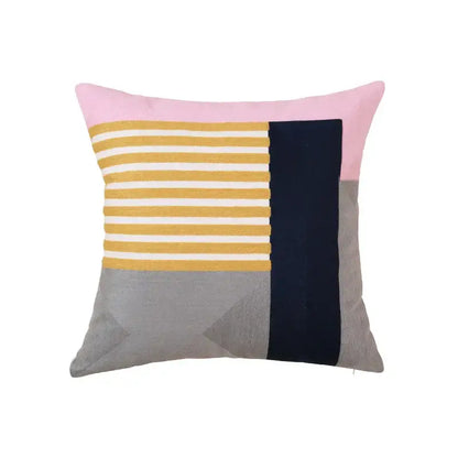 Square pillow cover with decorbites geometric embroidery in pink mustard yellow white navy blue and gray for living room decor
