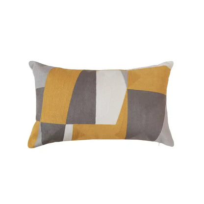 Rectangular pillow cover with modern geometric embroidery in mustard yellow gray and off-white for living room decorbites