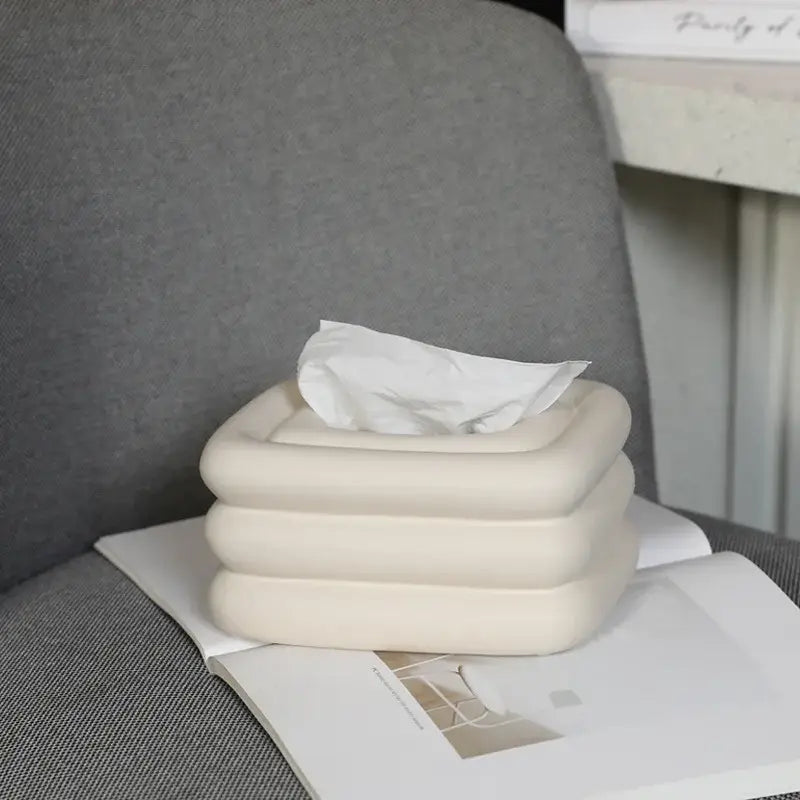 Cream-colored layered tissue box with soft matte finish and geometric fringe design for Modern geometric fringe decorbites tissue box