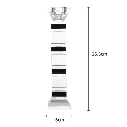 Clear crystal candle holder with alternating black and transparent square segments in decorbites geometric glass block design