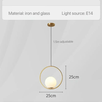 Modern geometric glass pendant light with gold-toned iron frame and 1.5m adjustable cord for bedroom bedside chandeliers