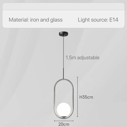 Modern geometric glass pendant light with sleek iron frame and adjustable height for bedroom bedside chandeliers