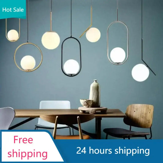 Modern geometric glass pendant lights with spherical shades and gold black silver metal frames for bedroom bedside chandeliers
