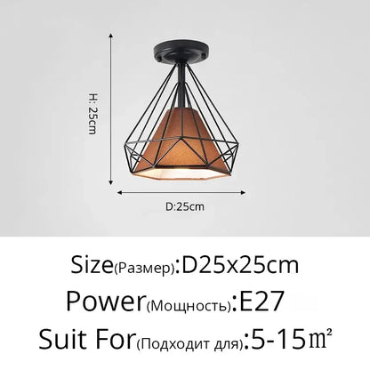 Black metal geometric cage ceiling light with warm amber fabric shade and crystal glass led for modern living room decorbites
