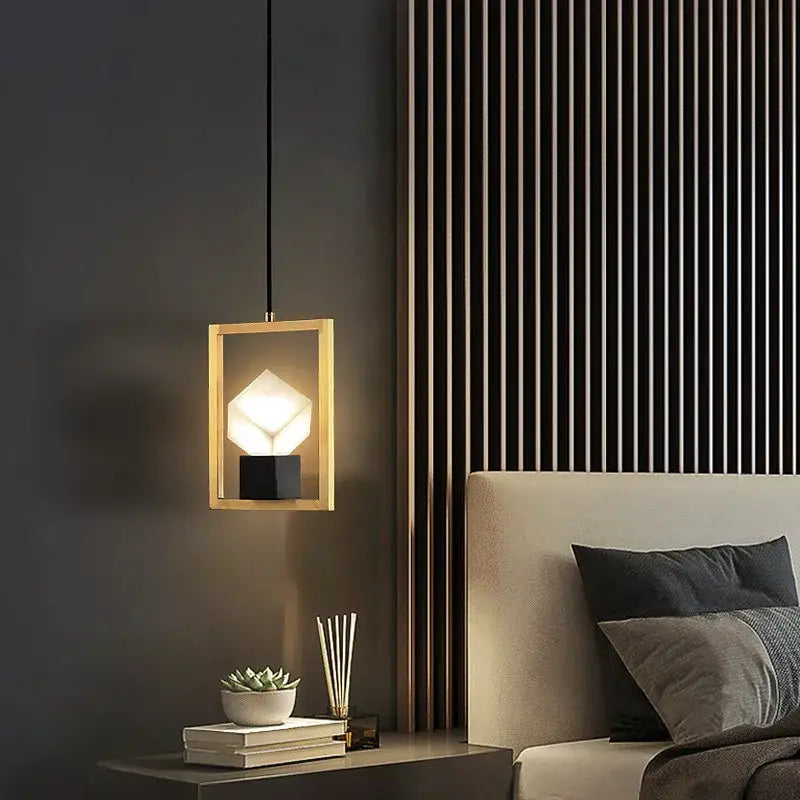Modern geometric gold decorbites crystal led ceiling chandelier with a rectangular frame and faceted white lampshade