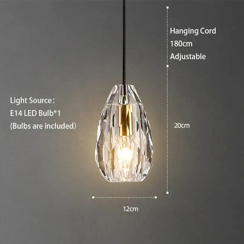 Modern geometric gold and clear crystal led ceiling chandelier featuring a crystal teardrop pendant light with faceted glass decorbites crystal led