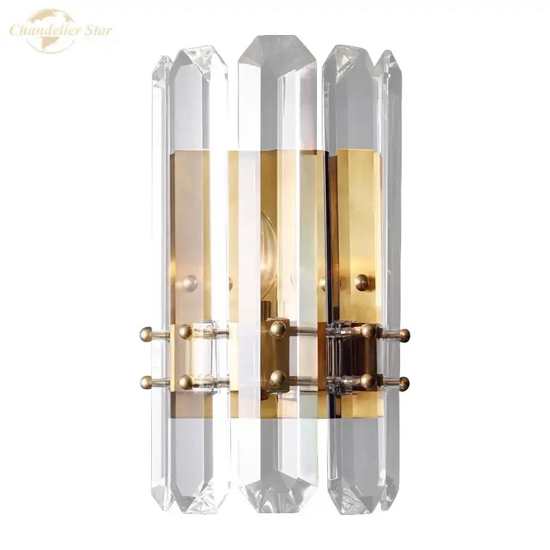 Modern geometric gold crystal wall sconce with clear prism and metallic accents for living room nordic wall lighting