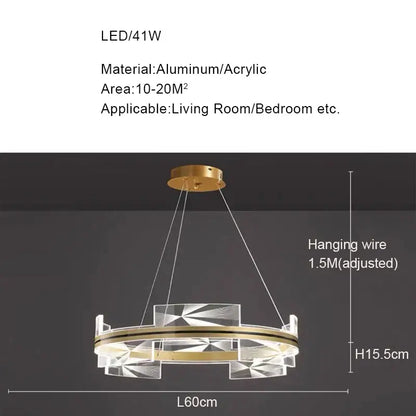 Modern geometric gold led pendant lights with a circular aluminum frame and clear acrylic panels for dining room decorbites gold led decor