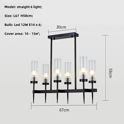 Black metal chandelier pendant light with six clear glass cylindrical shades for modern gold metal glass decorbites lighting