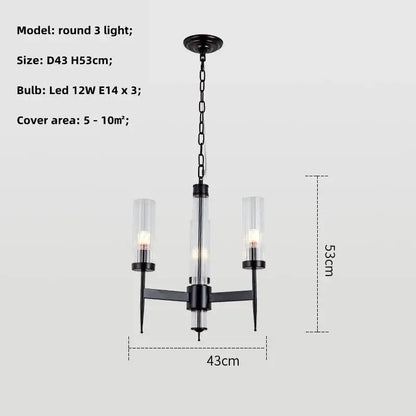 Black metal chandelier pendant light with three clear glass cylinders and led bulbs in modern gold metal glass decorbites design