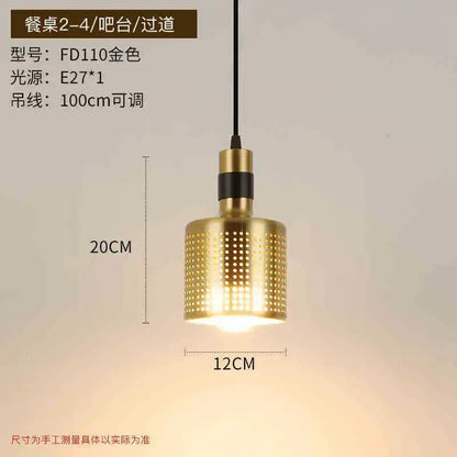 Modern geometric gold nordic chandelier with perforated cylindrical body and black accent for kitchen and living room decorbites gold nordic