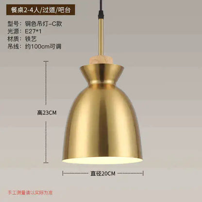 Brass-colored bell-shaped pendant light with matte finish and wooden cap in decorbites gold nordic chandelier design