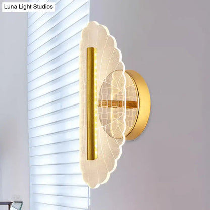 Modern geometric gold sconce light with scalloped acrylic shade and illuminated vertical led strip for living room grid pattern