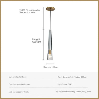 A sleek modern crystal led pendant light with polished copper finish and clear glass elements for dining room decorbites
