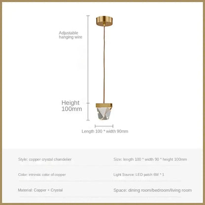 A modern copper crystal led pendant light with geometric design and adjustable gold-toned wire for dining room decorbites crystal led
