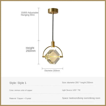 Modern geometric pendant lights with brass-finished copper frame and crystal led centerpiece for dining room decorbites crystal led