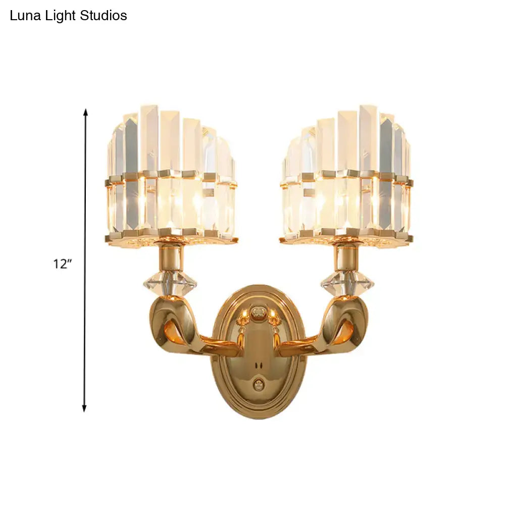 Modern geometric gold wall lamp featuring two crystal-encrusted light fixtures for living room use