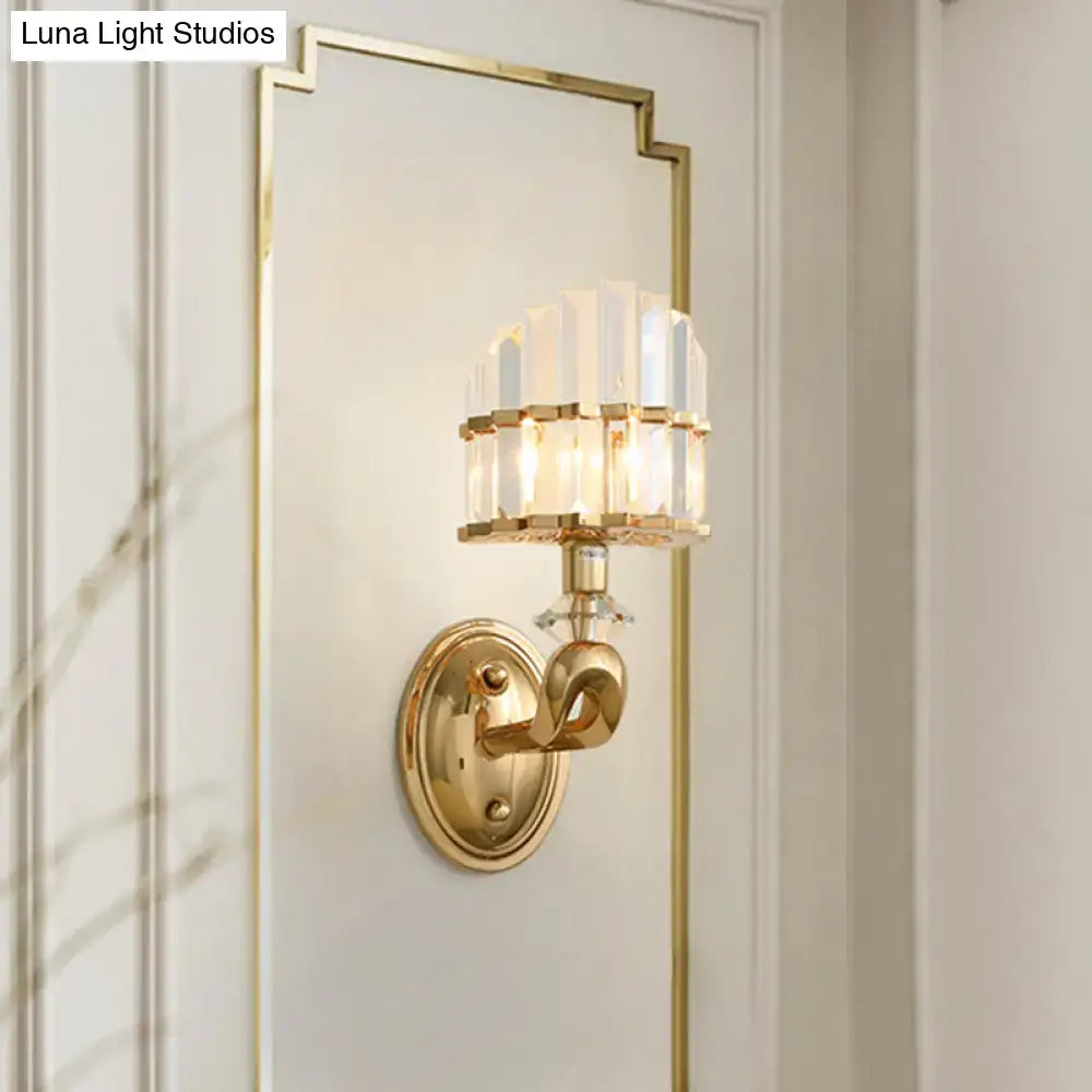Modern geometric gold wall lamp with tiered clear faceted crystal accents for living room sconce lighting
