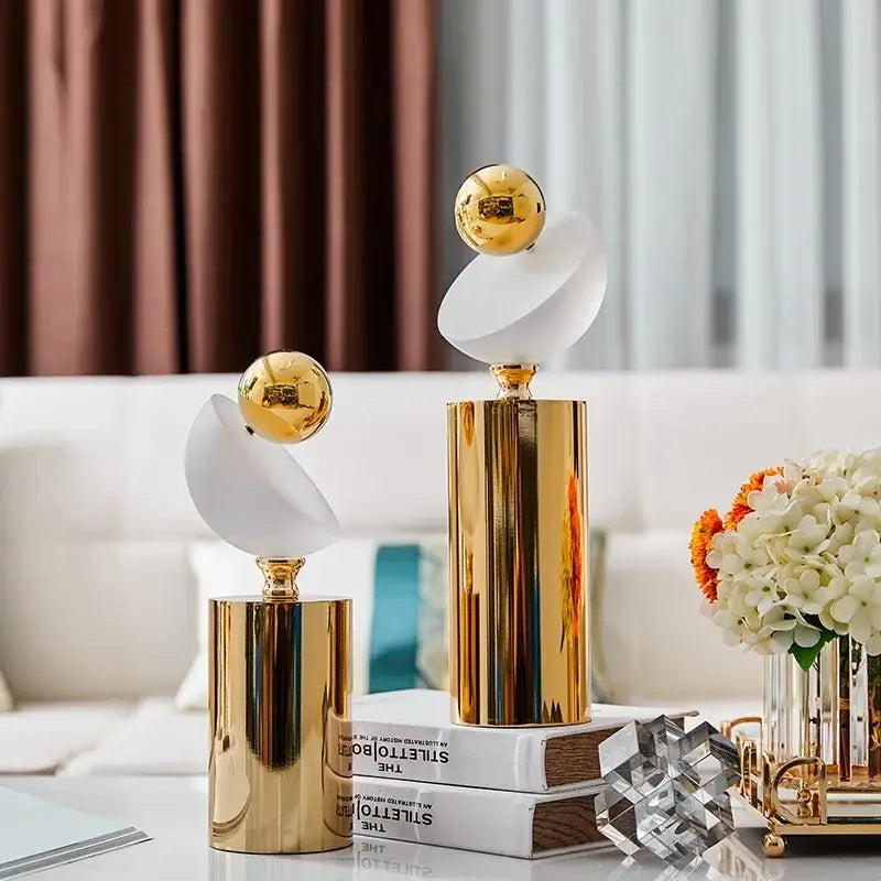 Gold and white ceramic modern geometric golden ball sculpture with glossy finish for living room decor