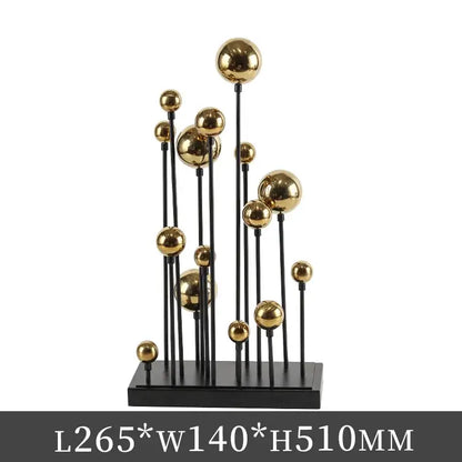 Modern geometric golden ball sculpture with multiple golden spheres on black rods for living room metal decor