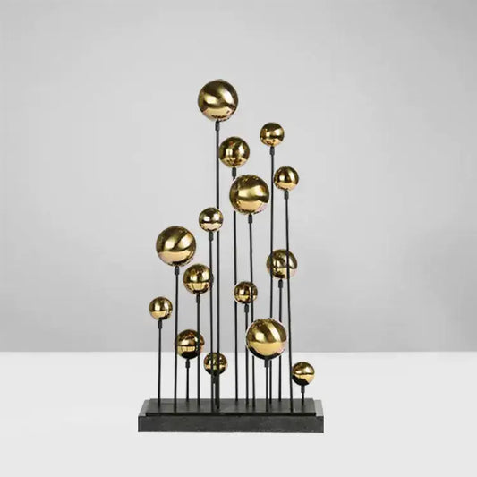 Modern geometric golden ball sculpture featuring metallic spheres on black rods for living room metal decorbites decor