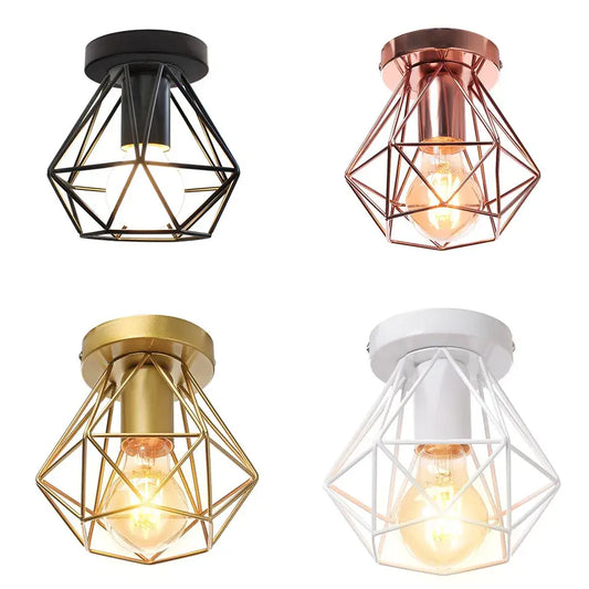 Modern geometric iron frame cage ceiling light in black rose gold brass and white finishes for aisle and loft decorbites iron frame